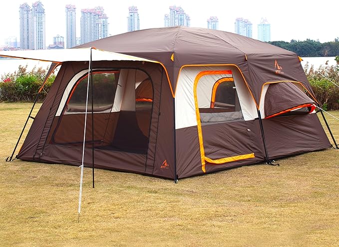 KTT Extra Large Tent 6-10-12-14 Person(Style-B),Family Cabin Tents,2 Rooms,3 Doors and 3 Windows with Mesh,Straight Wall,Waterproof,Double Layer,Big Tent for Outdoor,Picnic,Camping,Family Gathering