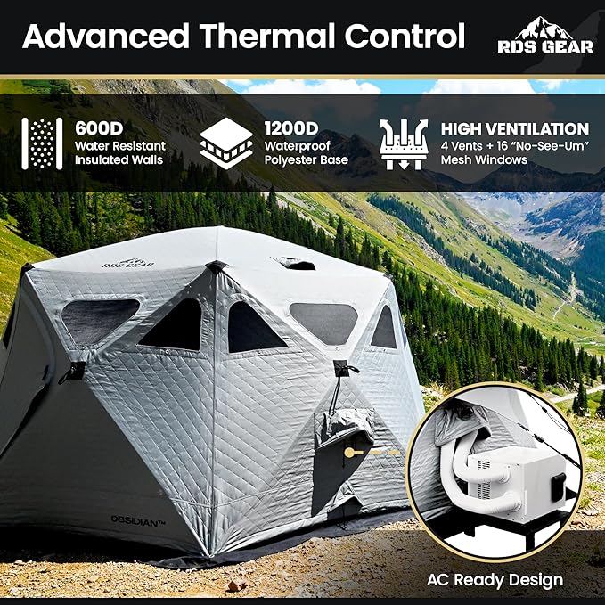 Obsidian - Heavy Duty 4 Season Camping Shelter, 6-8 Person Capacity, Instant Pop-Up Tent, Insulated and A/C Ready, Removable Floor for Easy Cleaning or Ice Fishing