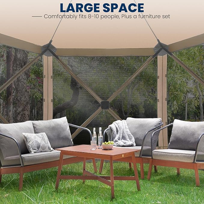 COBIZI 12x12FT Pop Up Gazebo Screen Tent Screen House for Camping, Screen Room with Mosquito Netting, Hub Tent Instant Screened Canopy with Carrying Bag and Ground Stakes, Khaki(Upgraded)