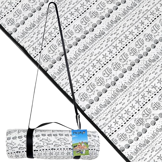 Outdoor Picnic Blanket White Fish 60"x80" Sandproof Beach Blanket Waterproof Picnic Blankets Foldable for Caming, Beach, Outdoor Activities.
