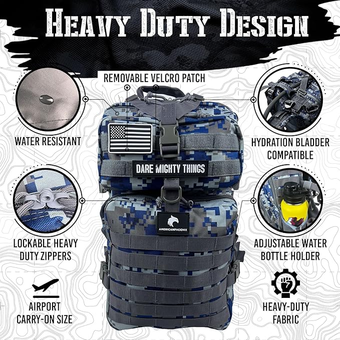 AMERICANPHOENIX 45L Elite Tactical Backpack | 3X Stronger Work & Military Backpack | Water Resistant and Heavy Duty | 3 Day MOLLE Bug Out Bag (Blue Jay)