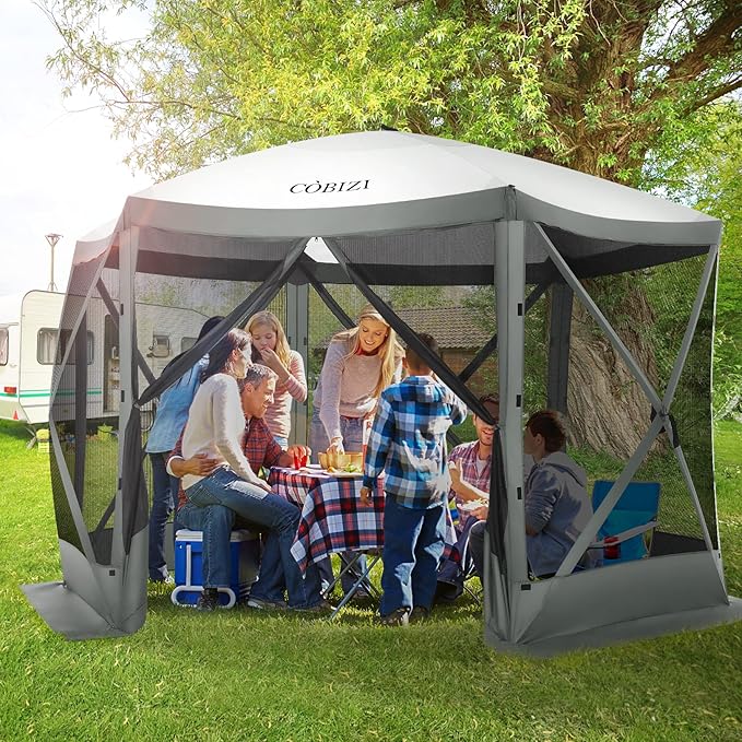 COBIZI Pop Up Gazebo Screen Tent Screen House for Camping, 12x12 Screen Room with Mosquito Netting, Hub Tent Instant Screened Canopy with Carrying Bag and Ground Stakes, Gray