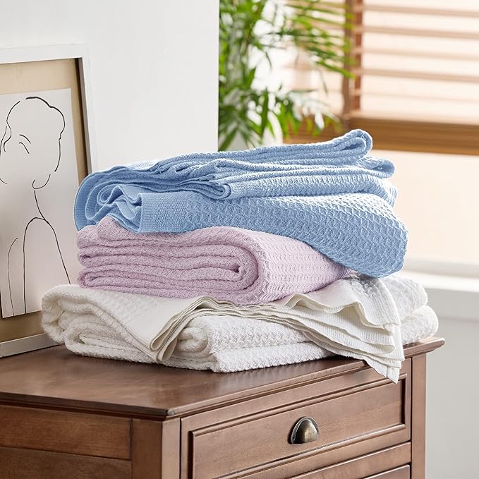 Bedsure Gentlesoft 100% Cotton Blanket King Size for Bed - Breathable and Soft, Waffle Weave Blanket for Summer, Thick Cozy Fall Blankets for Women Gift, Sky Blue, 104x90 inches