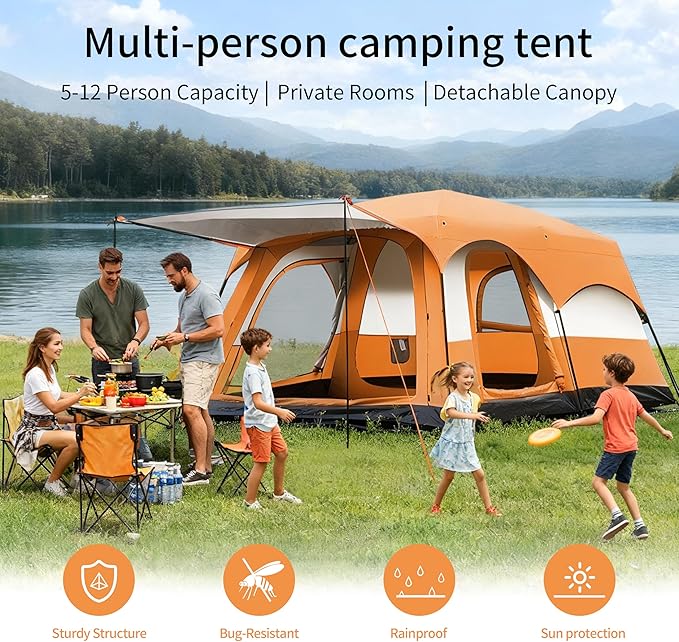 Large Family Standing Upright Camping Tent - 5-12 Persons Multi-Room Waterproof Tent with Screened Porch - Glamping Tent for Outdoor Camping & Family Vacation