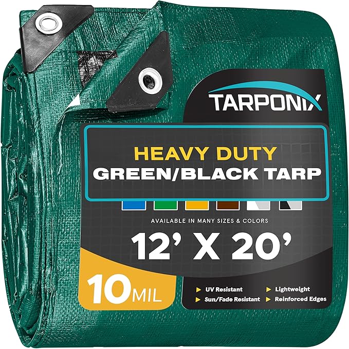 12' x 20' Dual-Sided Heavy-Duty Tarp – 10 Mil Tear-Resistant Green & Black Cover with Reinforced Edges and Anti-Rust Grommets