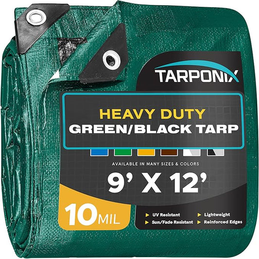 9' x 12' Dual-Sided Heavy-Duty Tarp – 10 Mil Tear-Resistant Green & Black Cover with Reinforced Edges and Anti-Rust Grommets