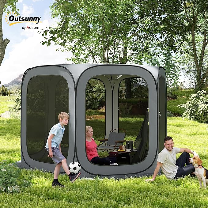 Outsunny 11 x 11ft Pop Up Screen Tent, Portable Camping Gazebo Canopy Screen House with UPF50+ Oxford Cloth and Carry Bag for Patio, Backyard, Deck and Outdoor Activities