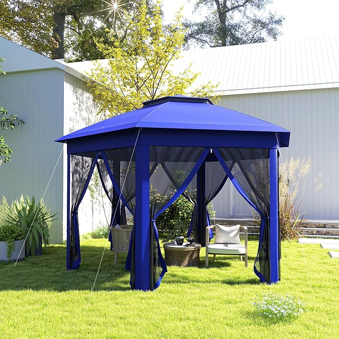 Outsunny 13' x 13' Pop Up Gazebo, Hexagonal Canopy Shelter with 6 Zippered Mesh Netting, Event Tent with Strong Steel Frame for Patio Backyard Garden Wedding Party, Dark Blue and Black