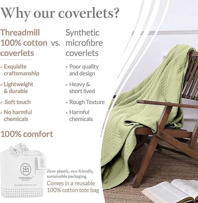 Threadmill Luxury Cotton Blankets for Twin Size Bed | All-Season 100% Cotton Twin Blanket for Bed | Aster Jacquard Lightweight, Soft & Cozy Coverlet, 350GSM, 68x90 inches | Sage Green