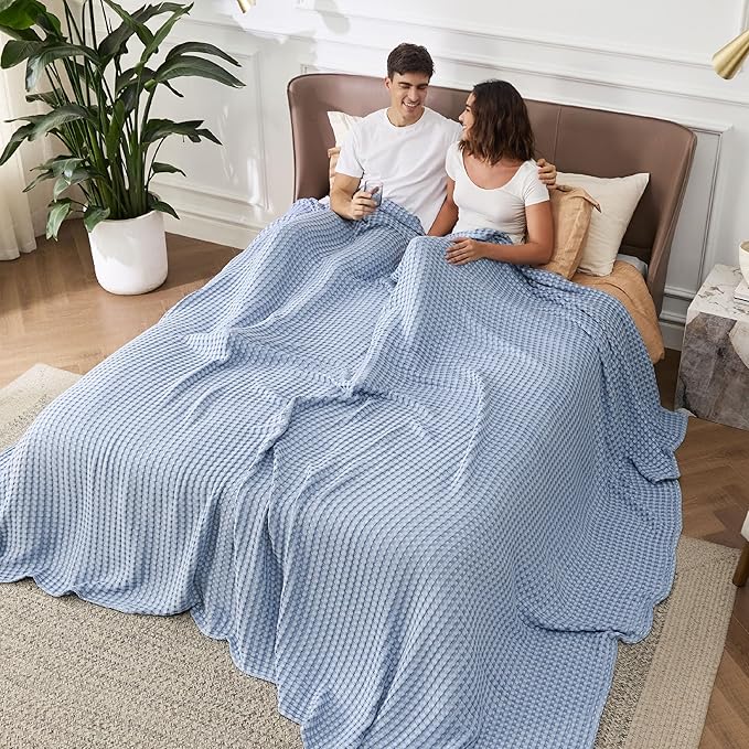 Bedsure Cooling Cotton Waffle Oversized King Blanket - Lightweight Breathable Rayon Derived from Bamboo for Hot Sleepers, Luxury Throws for Bed and Sofa, Sky Blue, 120x96 Inches