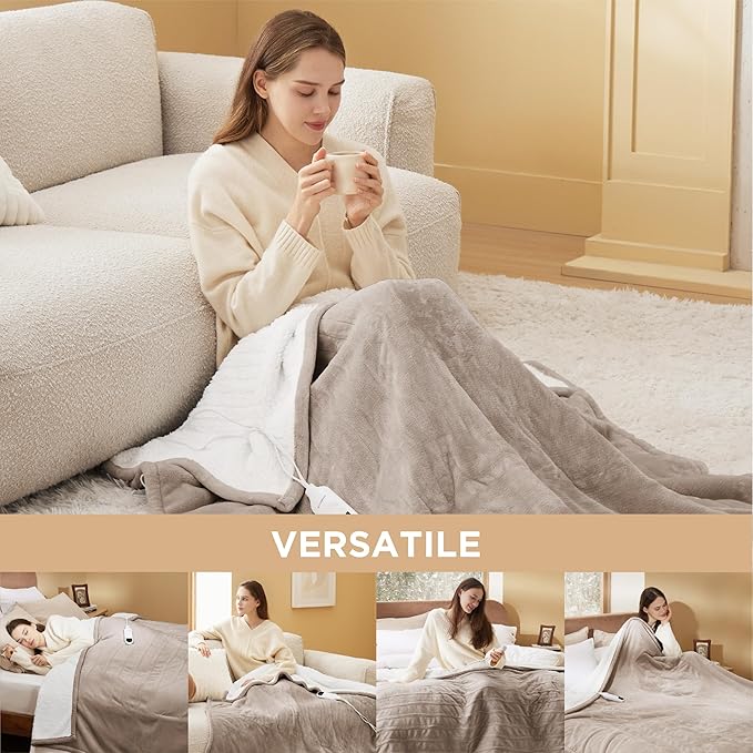 Bedsure Heated Blanket Throw Blanket - Fast Heating Electric Blanket, Soft Flannel Heated Throw with 4 Time Settings, 6 Heating Settings, Warm Gifts for Grandma Grandpa (50x60 inches, Taupe)