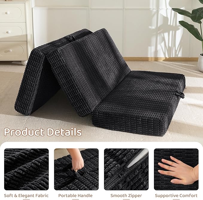 BYBYME Memory Foam Tri-Folding Mattress, 6 Inch Gel Folding Mattress Topper, Foldable Soft Guest Bed Camping Pad, with Washable Cover