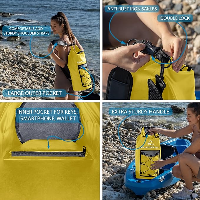 EARTH&RIVER Premium Dry Bag Backpack, Extra Thick, Protection for All Water Activities & Camping, Floating Lightweight Dry Bag with Inside Pocket Storage & IPX8 Waterproof Phone Case (yellow, 20L)