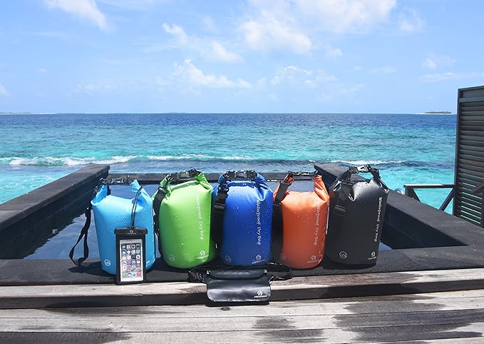 Freegrace Waterproof Dry Bags Set of 3 Dry Bag with 2 Zip Lock Seals & Detachable Shoulder Strap, Waist Pouch & Phone Case - Can Be Submerged Into Water - for Swimming (Sky Blue, 5L)