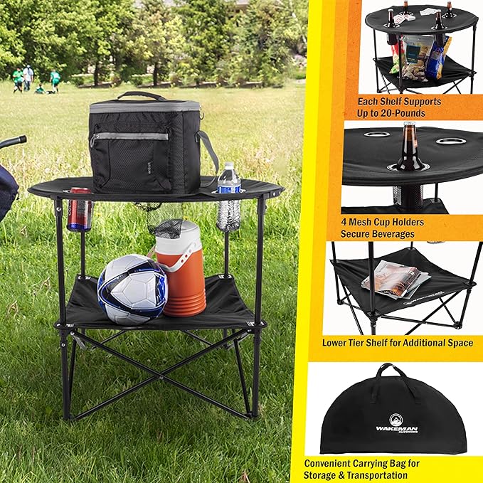 Wakeman Camping Table - 2-Tier Folding Table with 4 Cupholders and Carry Bag for Picnic, Tailgate, Beach, or Camp - Camping Gear Outdoors (Black)