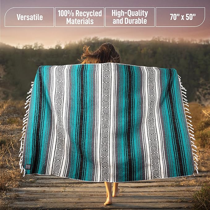 Authentic Extra Large Mexican Blanket - 70"x50" Handwoven Yoga, Serape, Artisanal Falsa, Beach, Camping, Picnic, Outdoor Blanket (Emerald)