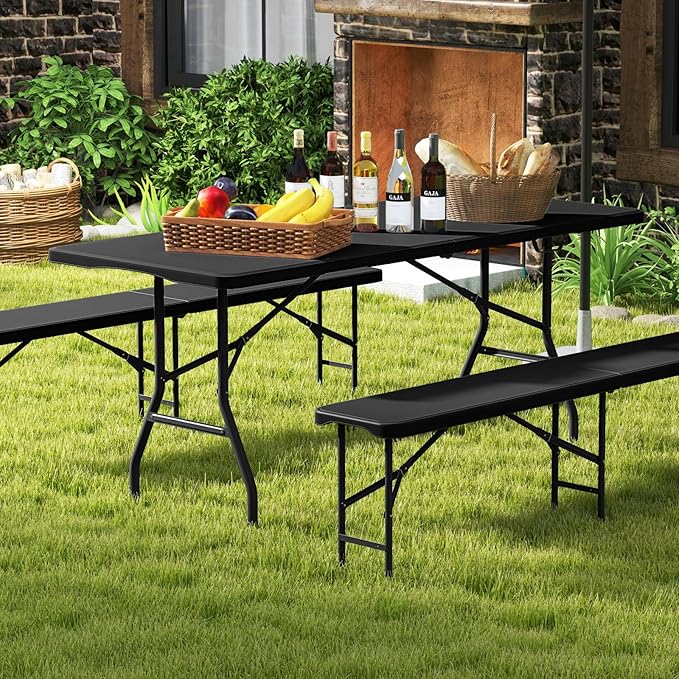 Folding Table, HDPE Portable Table with 6 ft Long Tabletop, Metal Frame Picnic Camping Table with Safe Lock, Collapsible Dining Table for Camping, Picnic, Party (Black, 6 FT)