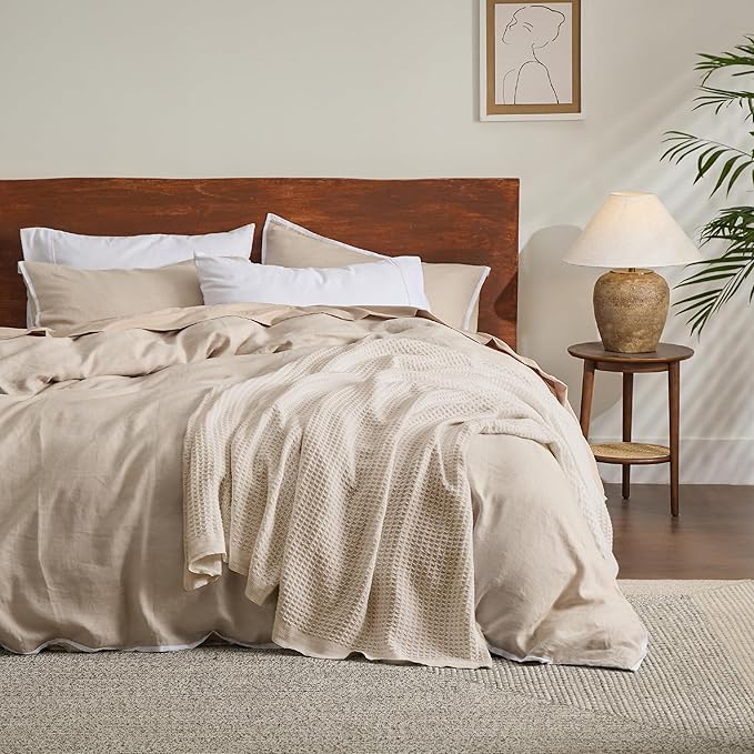 Bedsure Gentlesoft 100% Cotton Blanket Queen Size for Bed - Breathable and Soft, Waffle Weave Blanket for Summer, Thick Cozy Fall Blankets for Women Gift, Khaki (a Little Bit Yellow), 90x90 Inches