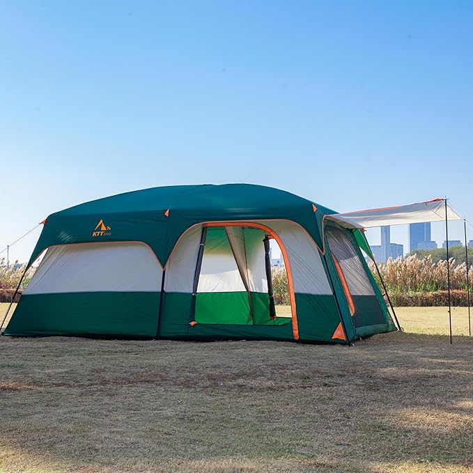KTT Extra Large Tent 6-10-12-14 Person(Style-B),Family Cabin Tents,2 Rooms,3 Doors and 3 Windows with Mesh,Straight Wall,Waterproof,Double Layer,Big Tent for Outdoor,Picnic,Camping,Family Gathering