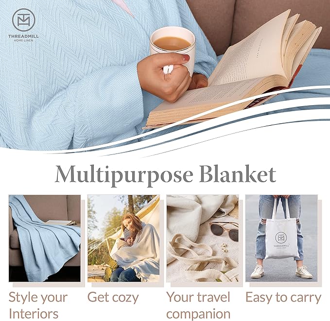Threadmill Luxury Cotton Blankets for King Size Bed | All-Season Cozy 100% Cotton King Size Blanket | Herringbone Soft Fall Thermal Blanket fits Cal King Size Bed | Light Blue