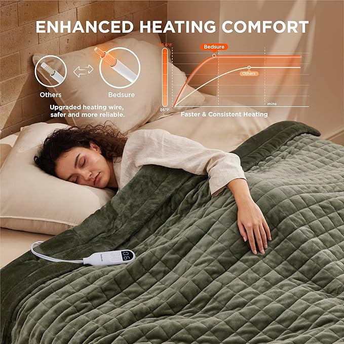 Bedsure Electric Blanket Full Size - Quilted Heated Blanket Full, Soft Flannel Thick Heating Blanket with 10 Time Settings & 6 Heat Settings, Warm Gifts for Women Men (72x84 inches, Olive Green)
