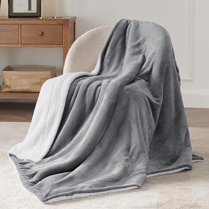 Bedsure GentleSoft Sherpa Fleece Throw Blanket Twin Size for Couch - Thick and Warm, Soft Fuzzy Plush Blanke for Winter, Grey, 60x80 Inches