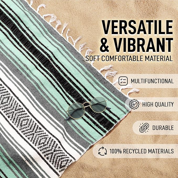 Hydration Nation Authentic Extra Large Mexican Blanket (70"x50") - Handwoven Yoga, Serape- Artisanal Falsa, Beach, Camping, Picnic, Outdoor (Aqua Green)