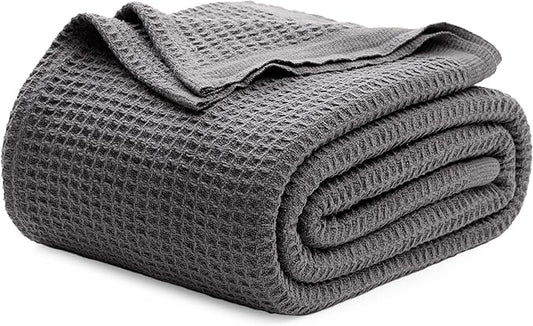 Bedsure Gentlesoft 100% Cotton Large Throw Blanket for Couch 50x70 inches - Breathable and Soft, Waffle Weave Throw Blanket for Office, Dark Grey