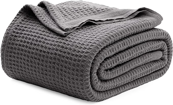 Bedsure Gentlesoft 100% Cotton Blanket Queen Size for Bed - Breathable and Soft, Waffle Weave Blanket for Summer, Thick Cozy Fall Blankets for Women Gift, Dark Grey, 90x90 Inches