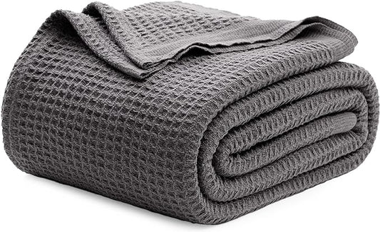 Bedsure Gentlesoft 100% Cotton Blanket Queen Size for Bed - Breathable and Soft, Waffle Weave Blanket for Summer, Thick Cozy Fall Blankets for Women Gift, Dark Grey, 90x90 Inches