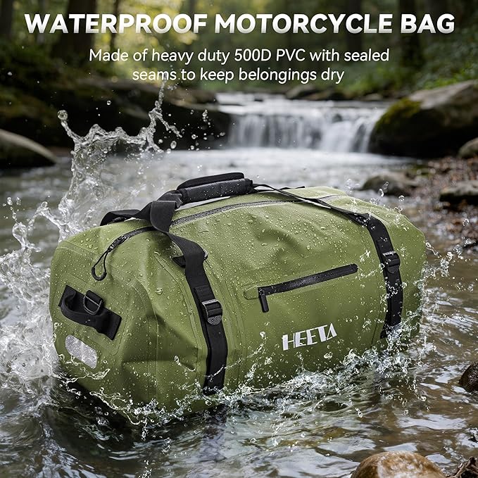HEETA Waterproof Motorcycle Dry Bag, Waterproof Duffel Luggage Travel Bags with Zippered Closure & Pocket, Shoulder Straps, Large Space for Motorcycling Camping Commuting Boating (Green, 50L)