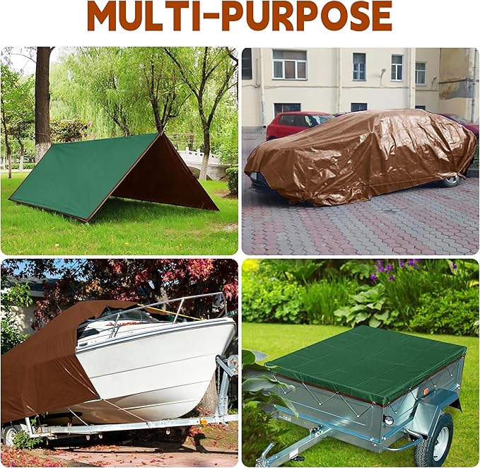 Tarp 8x10 ft (4-Pack) 100% Waterproof 7mil Durable Grommets and Reinforced Edges,Uv Resistant,Green/Brown Tarp,Emergency Rain Shelter,Outdoor Cover and Camping Use -by MVPNET