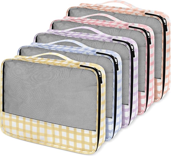 5 Pcs Packing Cubes for Suitcase Large Travel Cubes Carry on Luggage Organizer Bags for Clothes Accessories(M,Plaid)