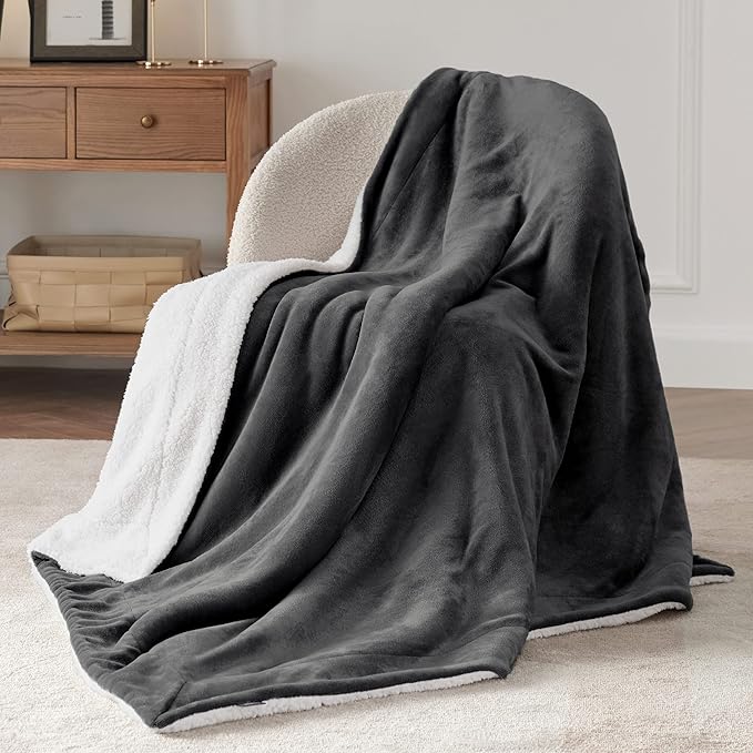 Bedsure GentleSoft Sherpa Fleece Throw Blanket Twin Size for Couch - Thick and Warm, Soft Fuzzy Plush Twin Blanket for Winter, Charcoal, 60x80 Inches