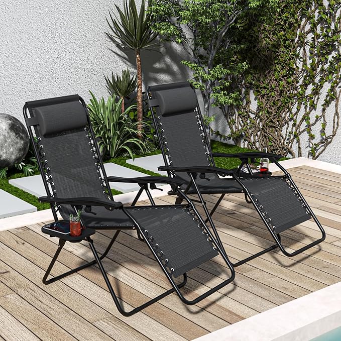 Set of 2 Adjustable Zero Gravity Lounge Chairs Outdoor Recliner w/Cup Holder Tray & Removable Pillows, Ergonomic Reclining Chair for Camping Patio Lawn Balcony (Black)