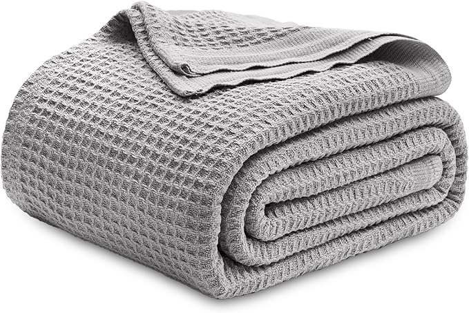 Bedsure Gentlesoft 100% Cotton Blanket King Size for Bed - Breathable and Soft, Waffle Weave Blanket for Summer, Thick Cozy Fall Blankets for Women Gift, Grey, 104x90 inches