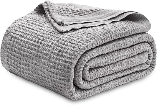 Bedsure Gentlesoft 100% Cotton Blanket Queen Size for Bed - Breathable and Soft, Waffle Weave Blanket for Summer, Thick Cozy Fall Blankets for Women Gift, Grey, 90x90 Inches
