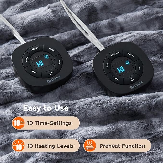 Bedsure Faux Fur Electric Blanket Queen Size, Dual Control Heated Blanket Queen, Fast Heating Blanket with 10 Heating Levels & 10 Time Settings, Cozy Gifts for Women Men (84x90 inches, Grey)