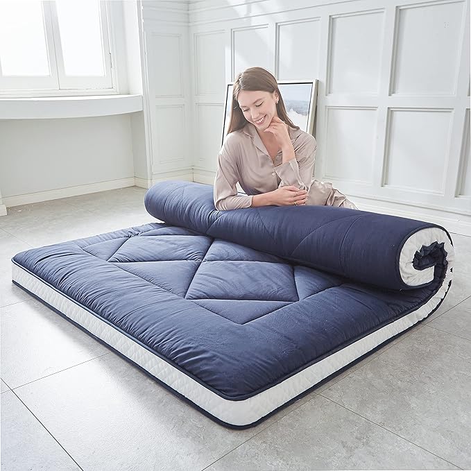 Japanese Foldable & Portable Roll-up Camping Mattress, Blue Twin