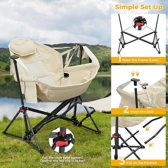 Ainfox Hammock Camping Chair with Footrest, Heavy Duty Foldable Portable Rocking Hammock Chairs Outside Swinging Camp with Cup Holder Pillow for Outdoor Patio Poolside Beige Dark Blue