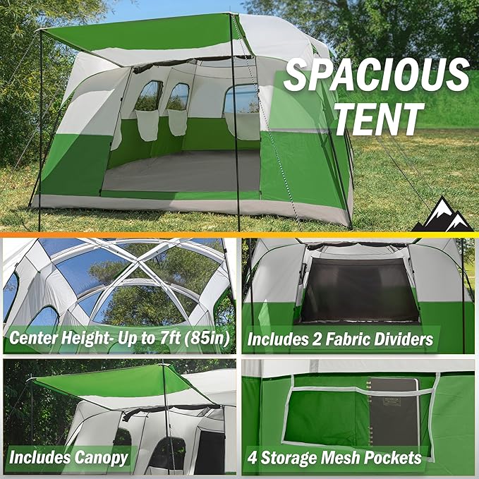 10-12 Person Large Camping Tent – Tall Family Cabin Outdoor Shelter with Room Divider, Mesh Windows, Water-Resistant Rainfly and Carry Bag for Camping and Outdoor Adventures – Wakeman Outdoors