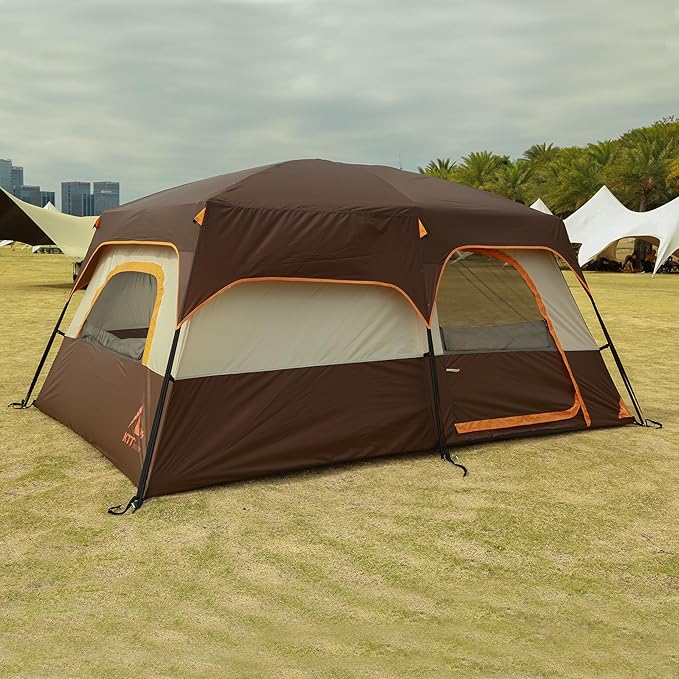 KTT Extra Large Tent 6-10-12-14 Person(Style-B),Family Cabin Tents,2 Rooms,3 Doors and 3 Windows with Mesh,Straight Wall,Waterproof,Double Layer,Big Tent for Outdoor,Picnic,Camping,Family Gathering