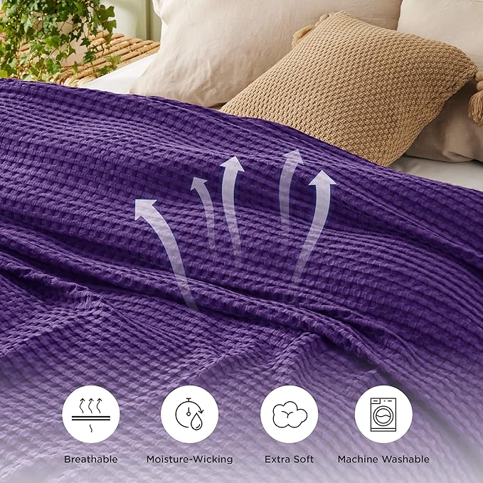 Bedsure Cooling Cotton Waffle King Size Blanket - Lightweight Breathable Blanket of Rayon Derived from Bamboo for Hot Sleepers, Luxury Throws for Bed, Couch and Sofa, Purple, 104x90 Inches