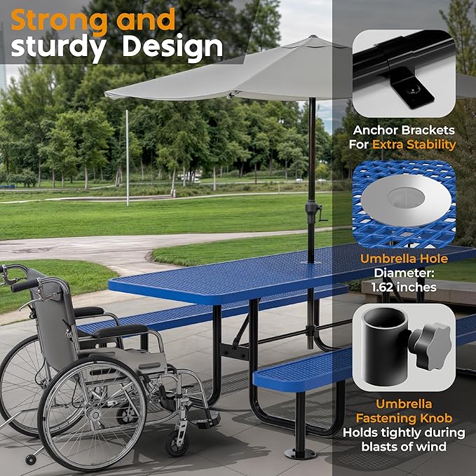 Metal Picnic Furniture for Outdoors with Umbrella Hole - Coated Steel Heavy Duty Commercial Grade Table with Adjustable Seats, Patio Set for a Lifetime (Blue, 8' Rectangular)