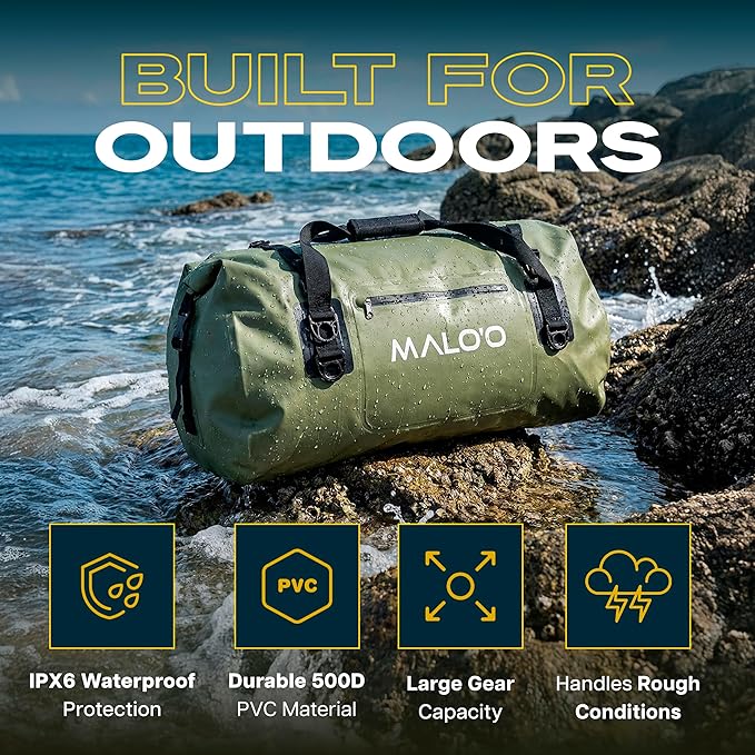 Malo’o Waterproof Dry Duffel, Heavy-Duty Roll Top Waterproof Gear Bag with Shoulder Strap & Molle Loops, Marine Duffel for Kayaking, Boating, Camping, Beach & Travel, Dark Green, 40L