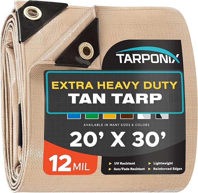 20' x 30' Extra Heavy-Duty Tan Poly Tarp – 12 Mil Thick, Waterproof, UV-Resistant Polyethylene with Reinforced Edges, Double-Stitched Hems, and Rustproof Grommets