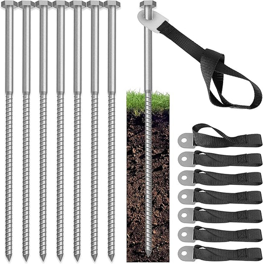LuBanSir 8 Set of Trampoline Stakes Anchors High Wind, 12" Spiral Ground Stakes Kit Heavy Duty for Trampoline Swing Camping Tent Shed (Silver)
