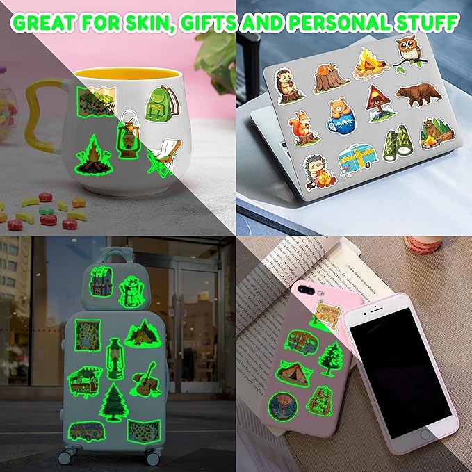 96PCS Camping Camp Camper Campfire Pre-Cut Luminous Glow in the dark Temporary Tattoos for Kids | Super Cute Themed Birthday Party Favors Supplies Decorations, Fake Tattoos Gifts for Boys Girls