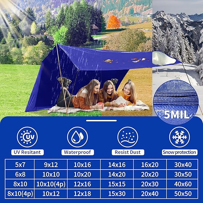 Tarp 8x10 ft (4-Pack) 100% Waterproof Uv Resistant High Durability Multipurpose 5mil Blue Tarp for Covering Courtyards, Cars, Camping, Gardens, Pet Nests -by MVPNET