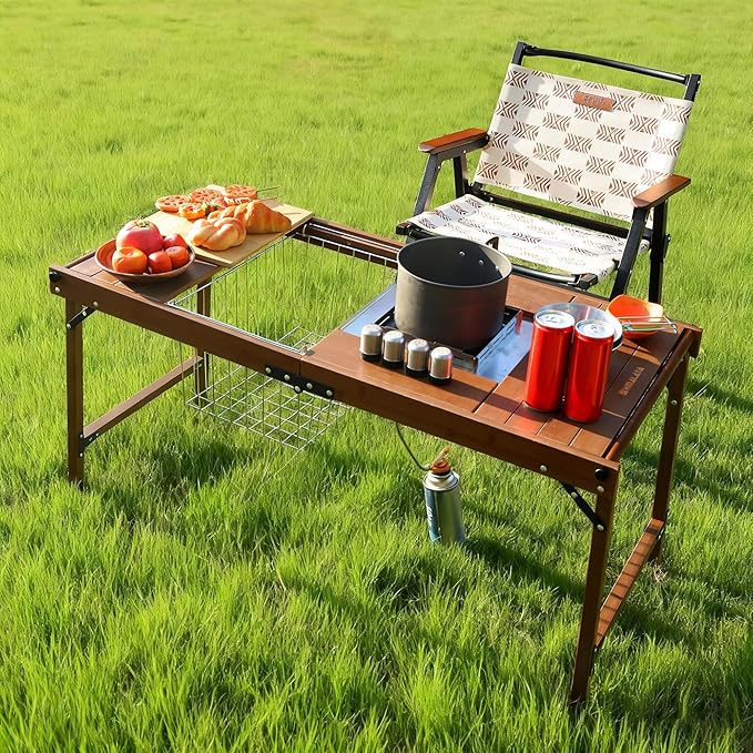 Camping Kitchen Table, Large Outdoor Camping Kitchen Station with Burner Single Portable Folding Cooking Tables Storage Organizer for Picnic BBQ Beach (Camping Kitchen with Burner)